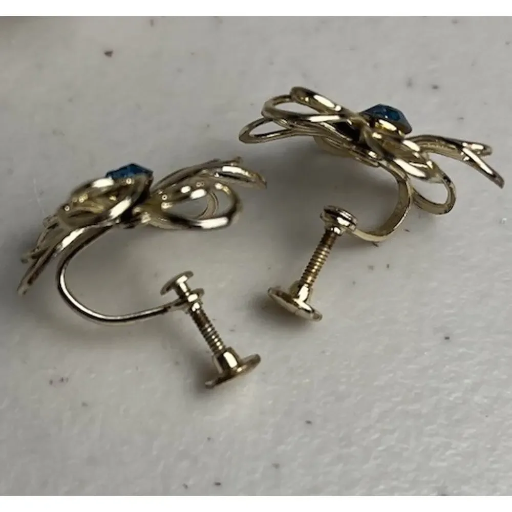 Gold Tone Wire Flower Blue Rhinestone Screw Back Earrings & Brooch Pin Set MCM